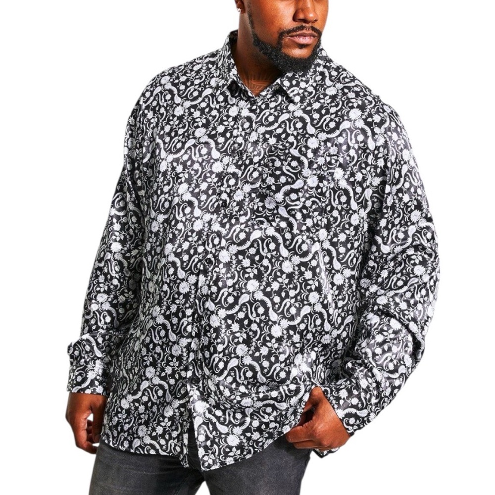 Boohoo Men's Relaxed Black & White Floral Long Sleeve Button Up Chic Paisley